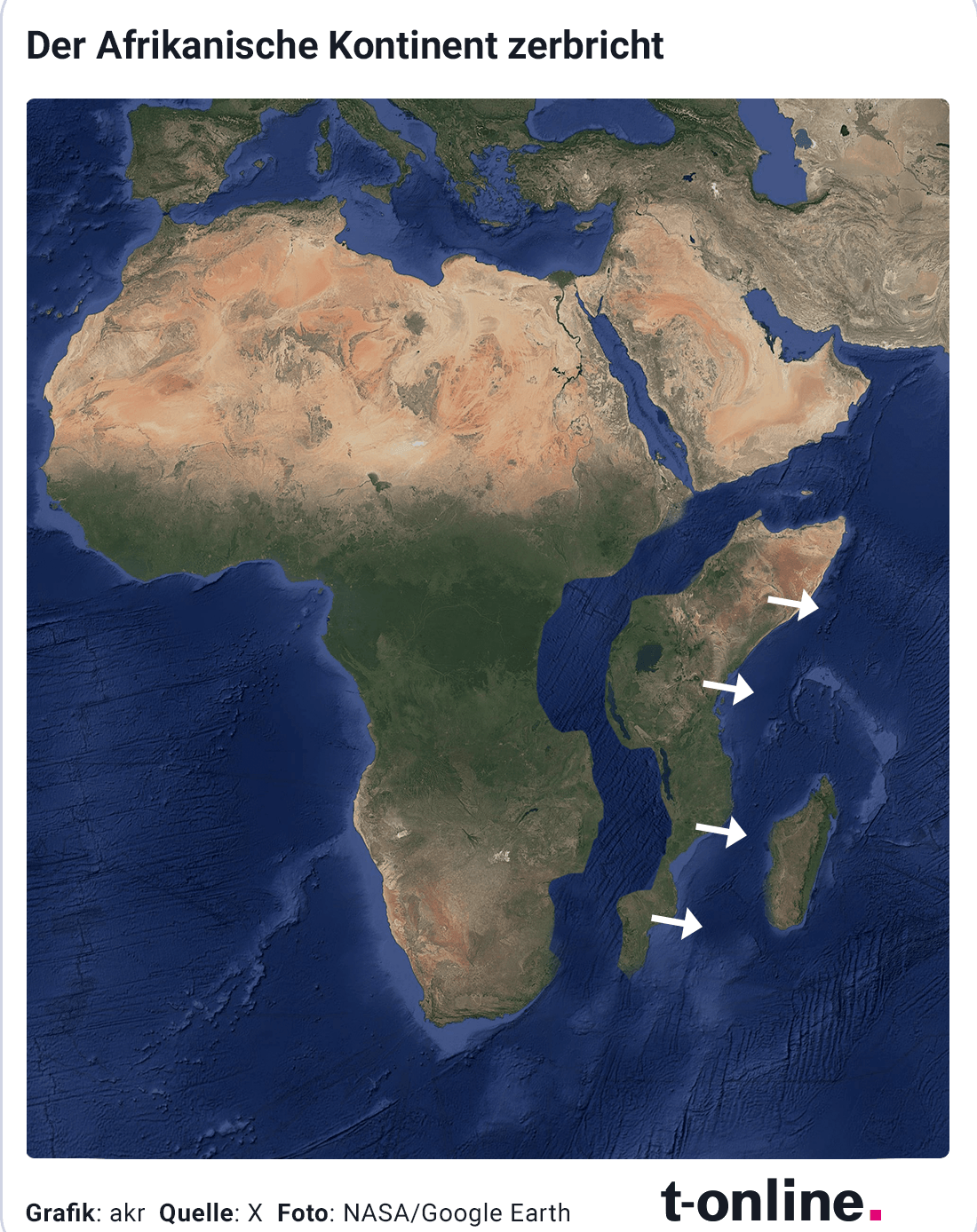 Wenn die Somalische und die Afrikanische Platte auseinanderdriften, wird Meerwasser die Lücke füllen und ein neuer Ozean entsteht. Die Simulation zeigt, wie die Geografie Afrikas sich verändern würde.