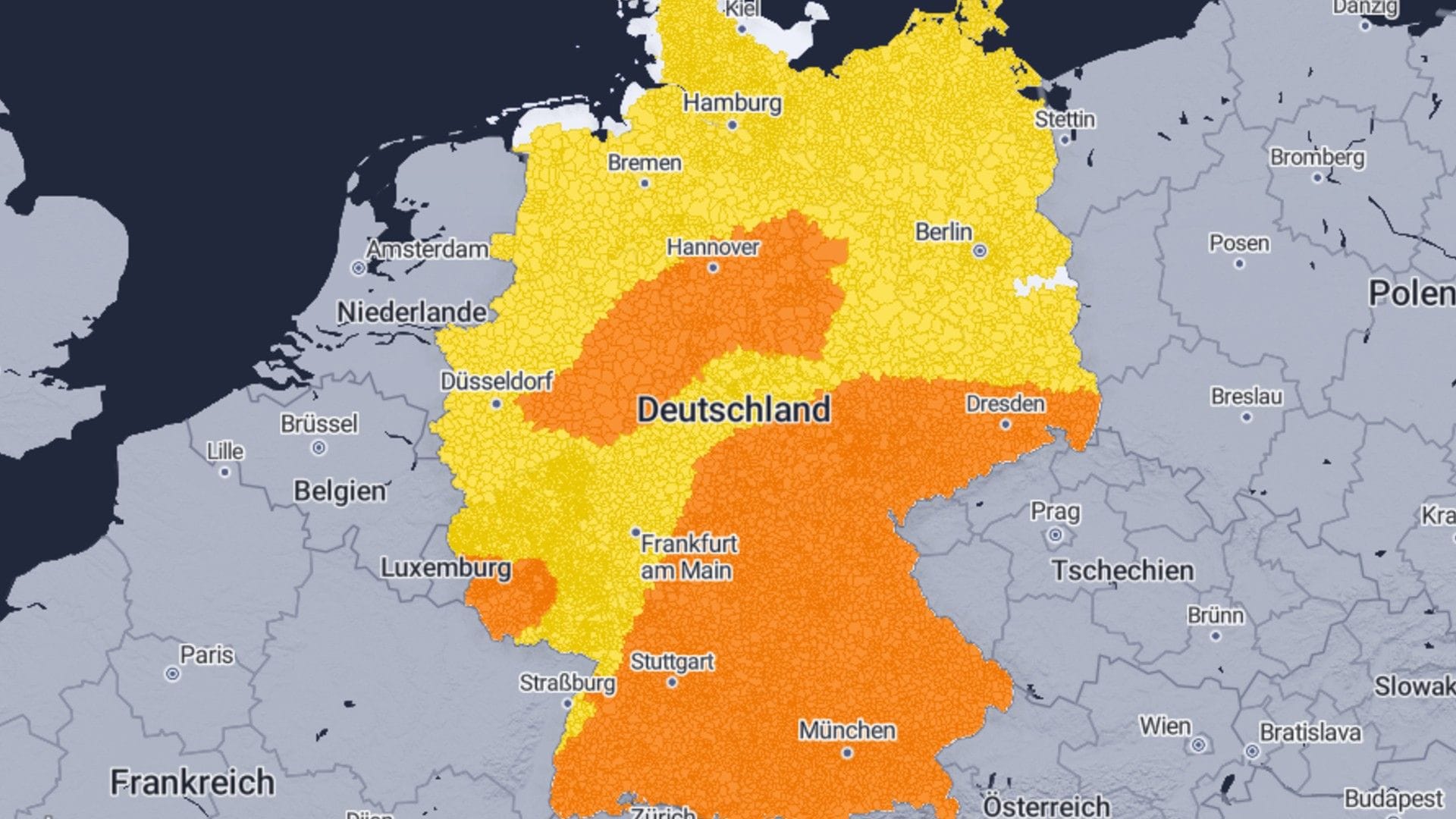 Die Warnkarte für Donnerstag: Praktisch im ganzen Land drohen Gefahren.