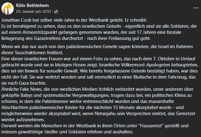 Der Beitrag des Köln-Bethlehem e.V.: Inzwischen wurde der Post gelöscht.