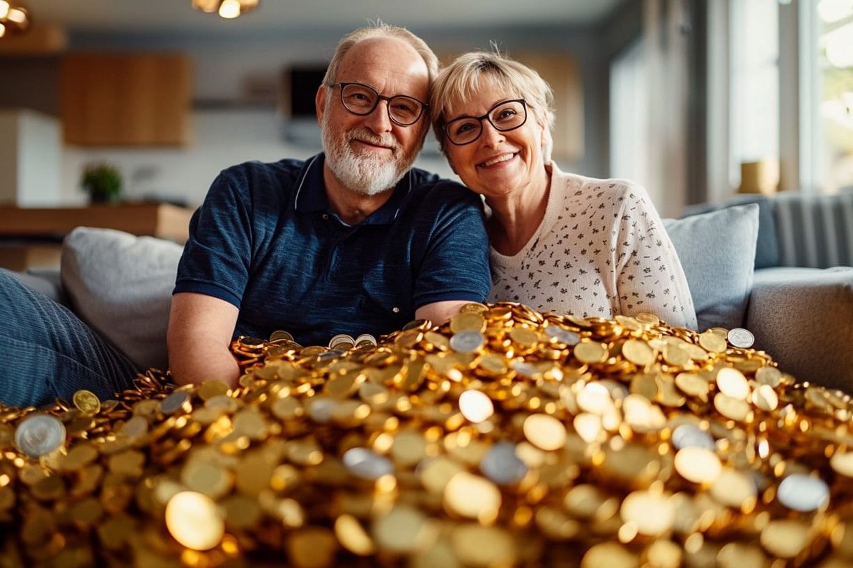 Glückliches Rentnerpaar zu Hause auf dem Sofa inmitten tausender Goldtaler