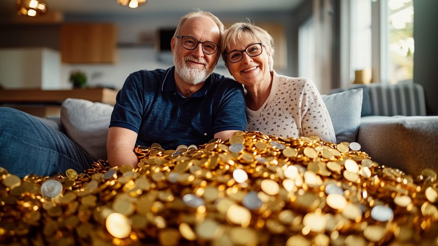 Glückliches Rentnerpaar zu Hause auf dem Sofa inmitten tausender Goldtaler