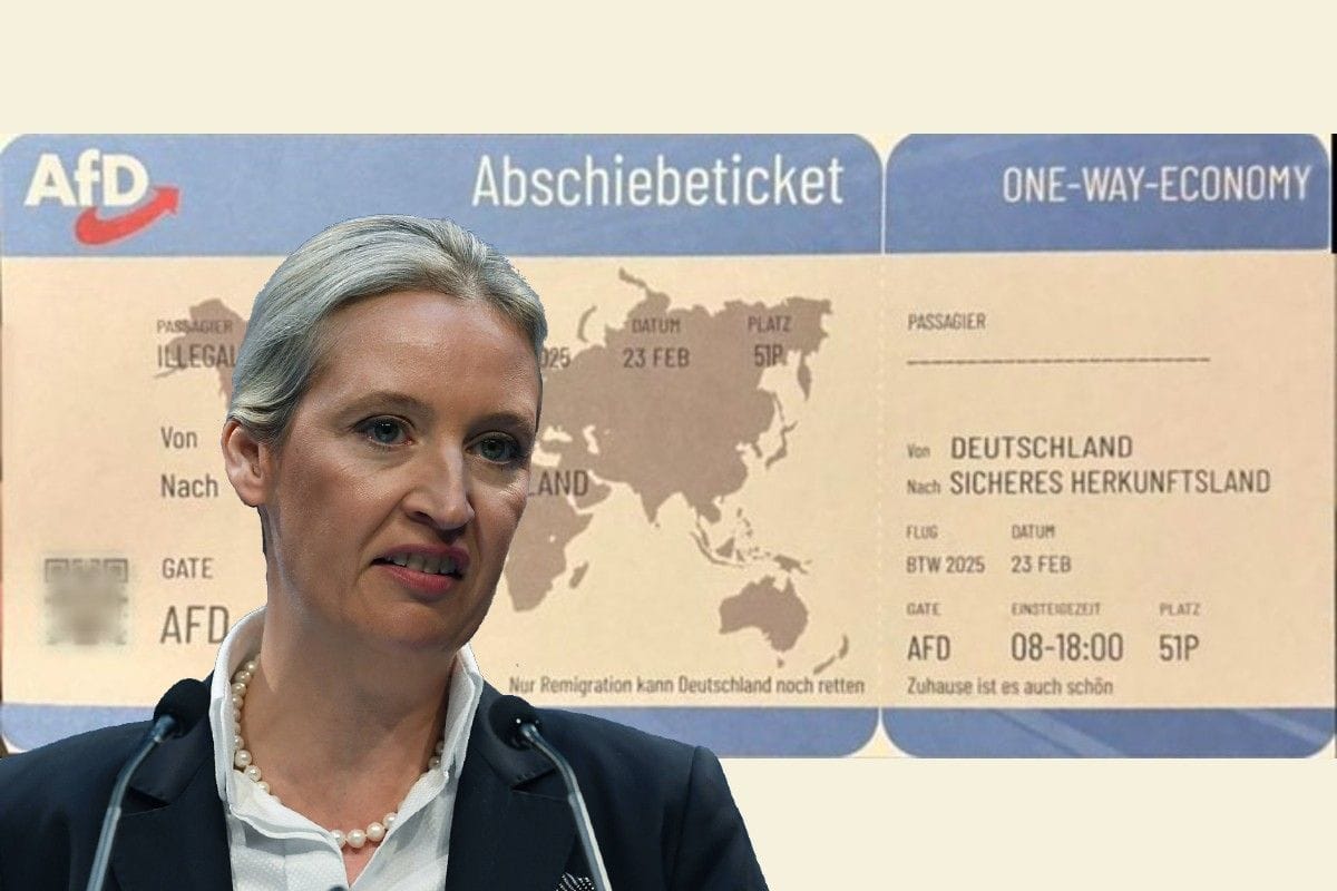 AfD-Chefin Alice Weidel mit "Abschiebeticket" aus ihrem Heimatverband: "Nur Remigration kann Deutschland noch retten", heißt es dort.