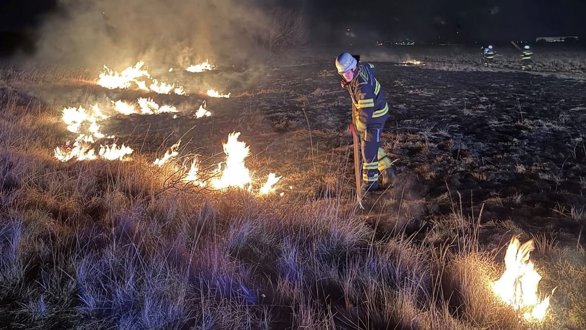 Feuerwehrleute versuchen, ein Ausbreiten der Flammen zu verhindern. Auf der Panzerwiese war ein großes Stück Wiese in Brand geraten.