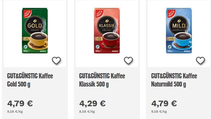 Edeka-Onlineshop: Gut & Günstig-Kaffee ist noch nicht teurer geworden. (Screenshot)