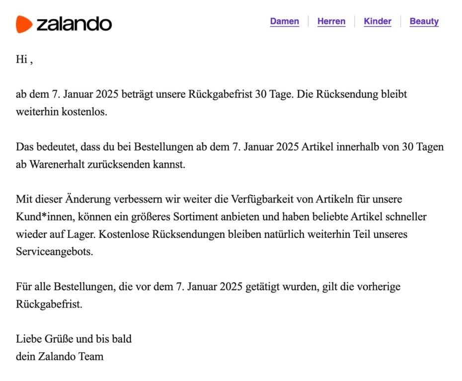 Screenshot der E-Mail von Zalando.