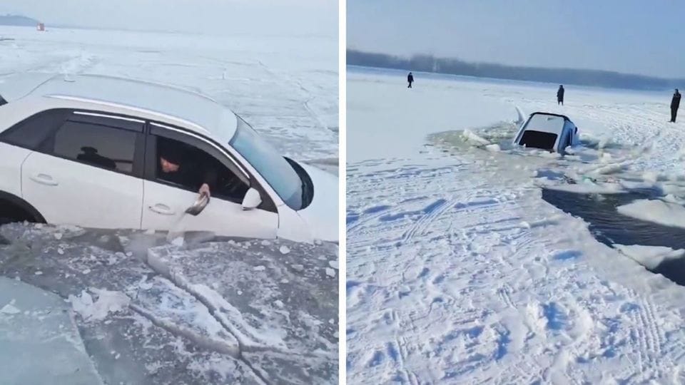 Ein Autofahrer bricht im Eis ein und bleibt dann stecken.