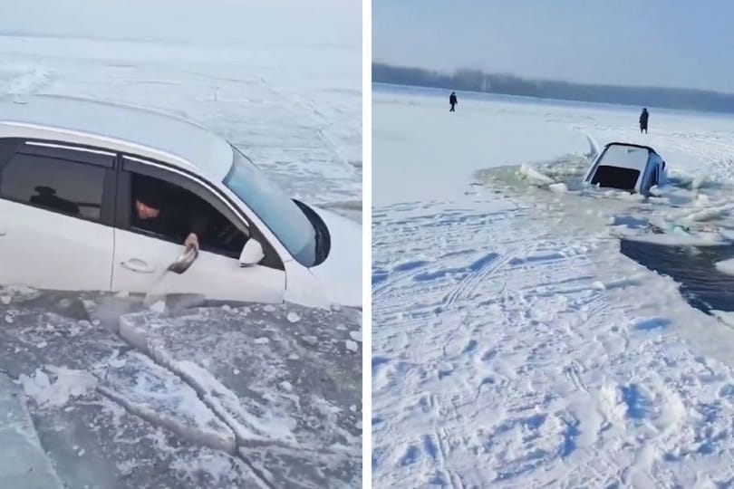 Ein Autofahrer bricht im Eis ein und bleibt dann stecken.