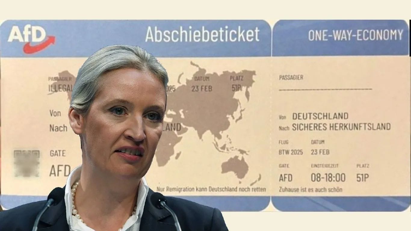 AfD-Chefin Alice Weidel mit "Abschiebeticket" aus ihrem Heimatverband: "Nur Remigration kann Deutschland noch retten", heißt es dort.