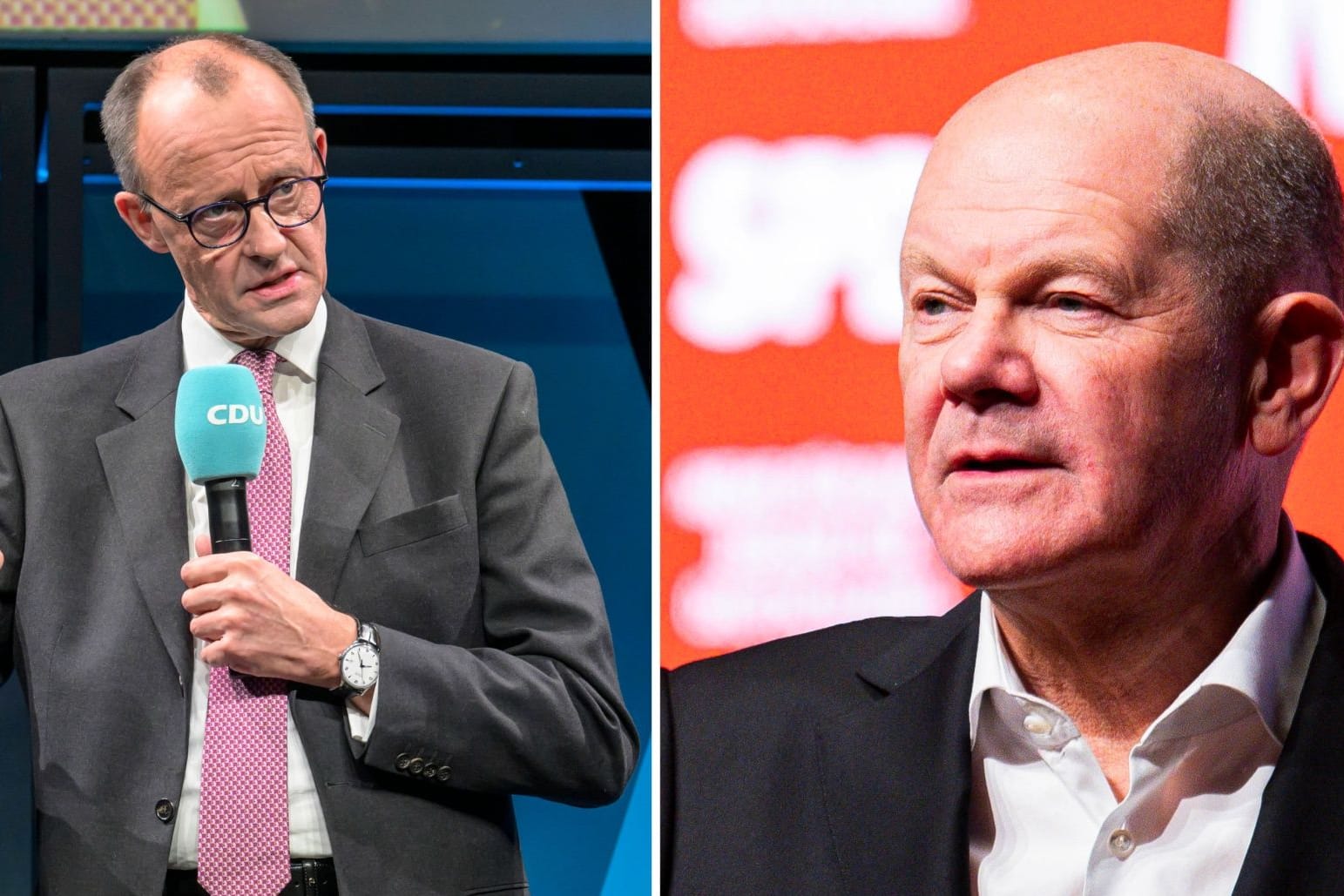 Friedrich Merz (l.) und Olaf Scholz (Collage): Macht die CDU oder die SPD das Rennen in Pinneberg?