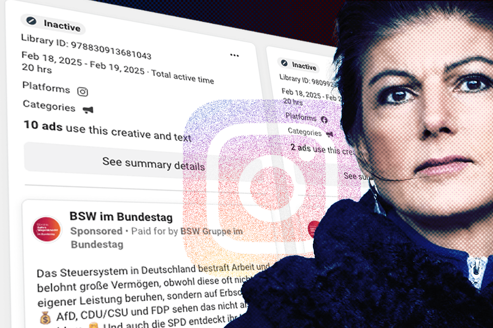 Sahra Wagenknechts BSW im Bundestag schaltet massiv Werbung auf den sozialen Netzwerken der Meta-Gruppe (Montage: ha)