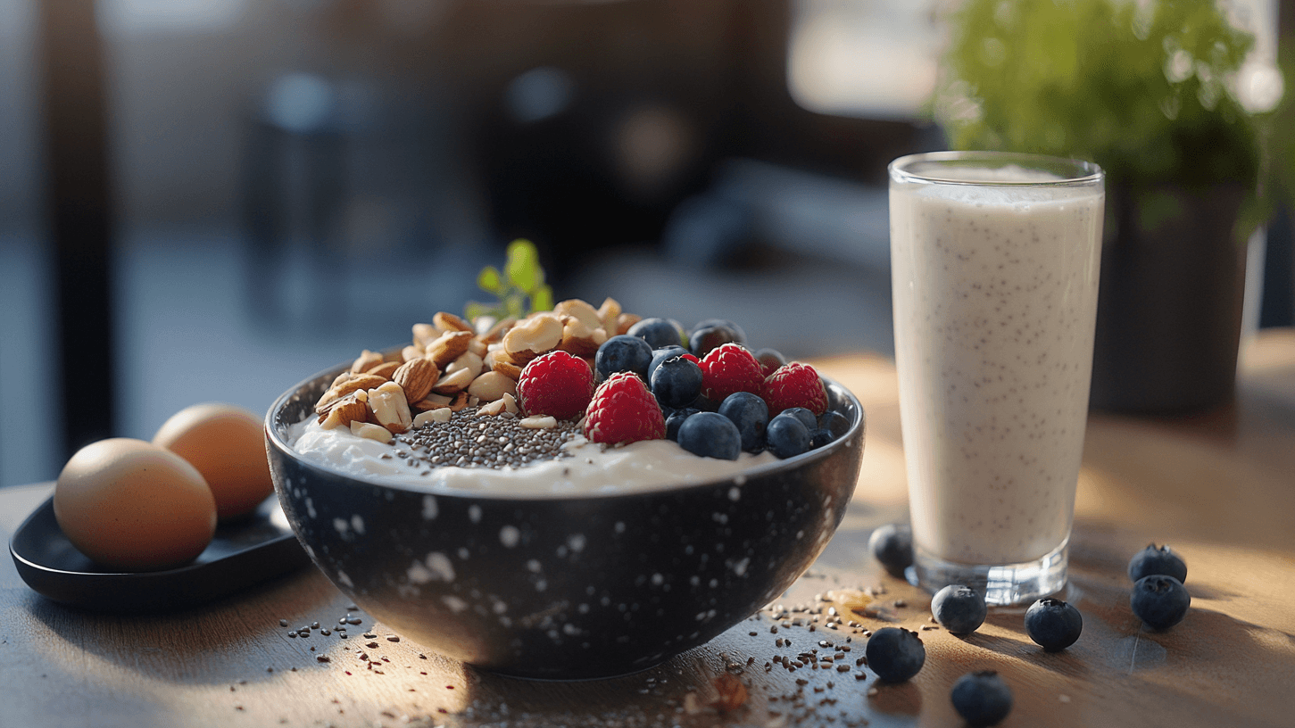 Proteinreiches Frühstück: Joghurt mit Nüssen, Früchten und Chiasamen, dazu ein Proteinshake.