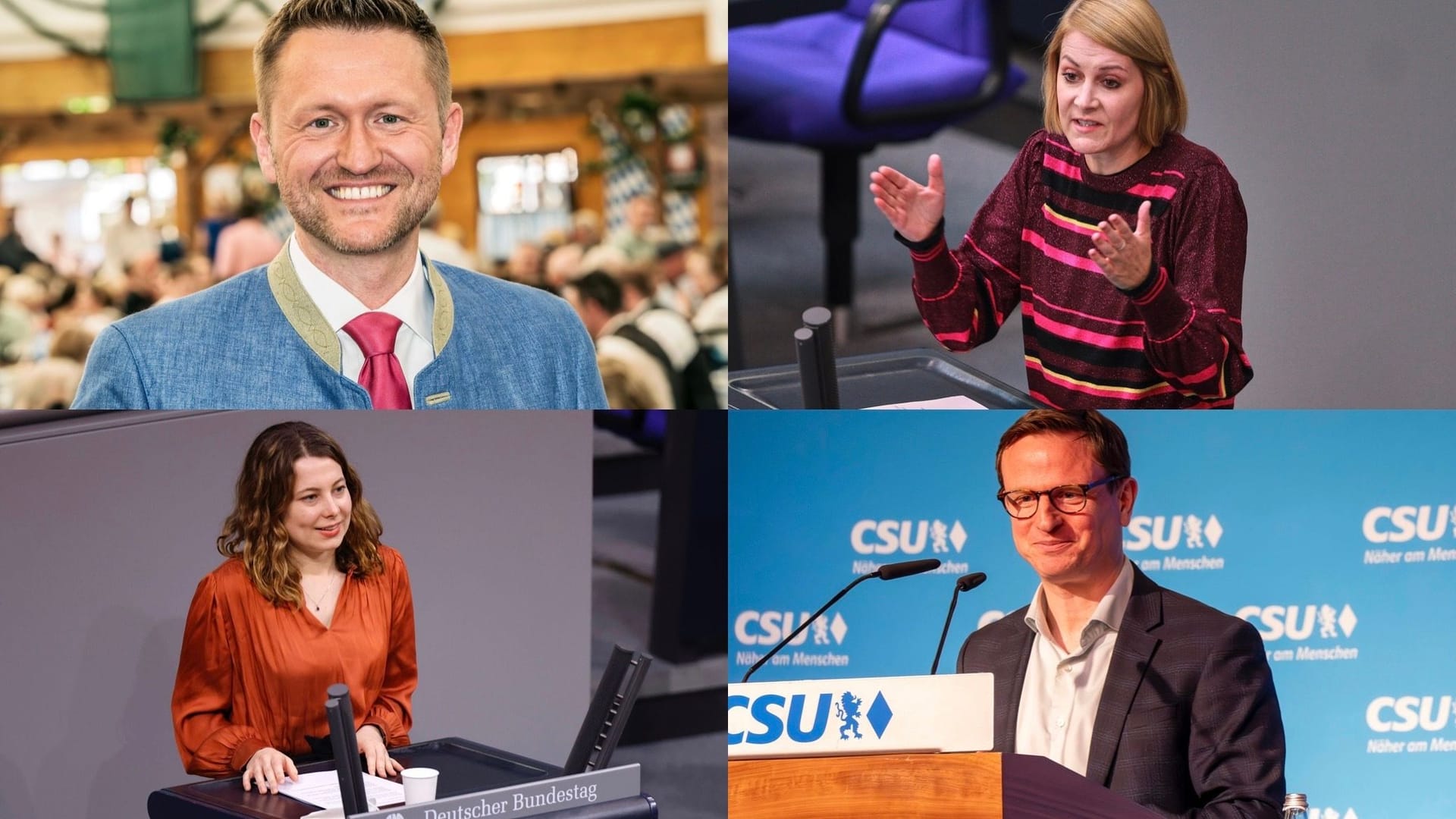 Von oben links nach unten rechts: Wolfgang Stefinger (CSU), Nicole Gohlke (Die Linke), Jamila Schäfer (Grüne) und Hans Theiss (CSU) (Collage): Sie ziehen ins neue Parlament ein.