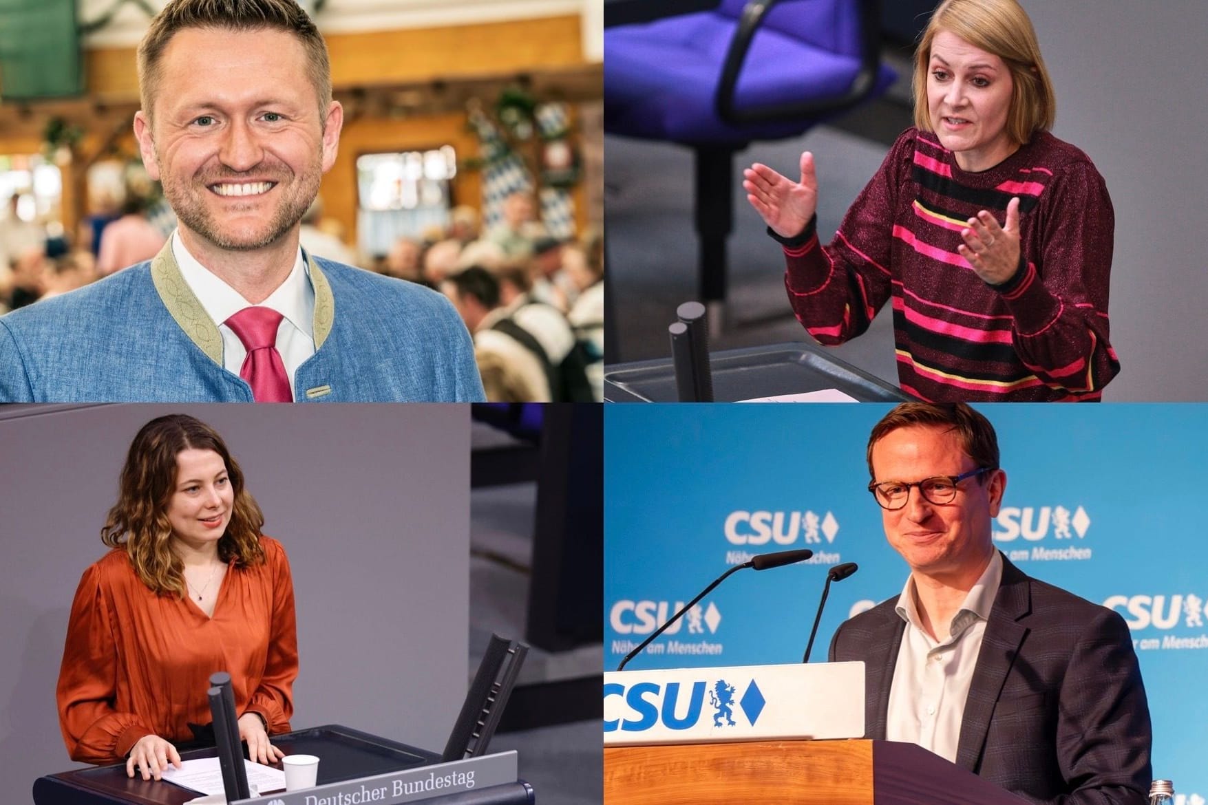 Von oben links nach unten rechts: Wolfgang Stefinger (CSU), Nicole Gohlke (Die Linke), Jamila Schäfer (Grüne) und Hans Theiss (CSU) (Collage): Sie ziehen ins neue Parlament ein.