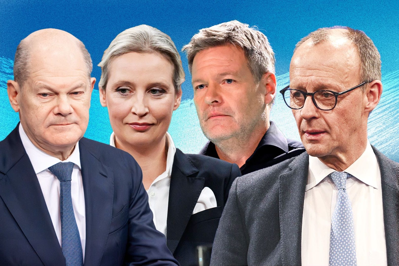 Olaf Scholz (SPD), Alice Weidel (AfD), Robert Habeck (Grüne) und Friedrich Merz (CDU, v.l.n.r.): Der Wahlkampf ist extrem kurz.