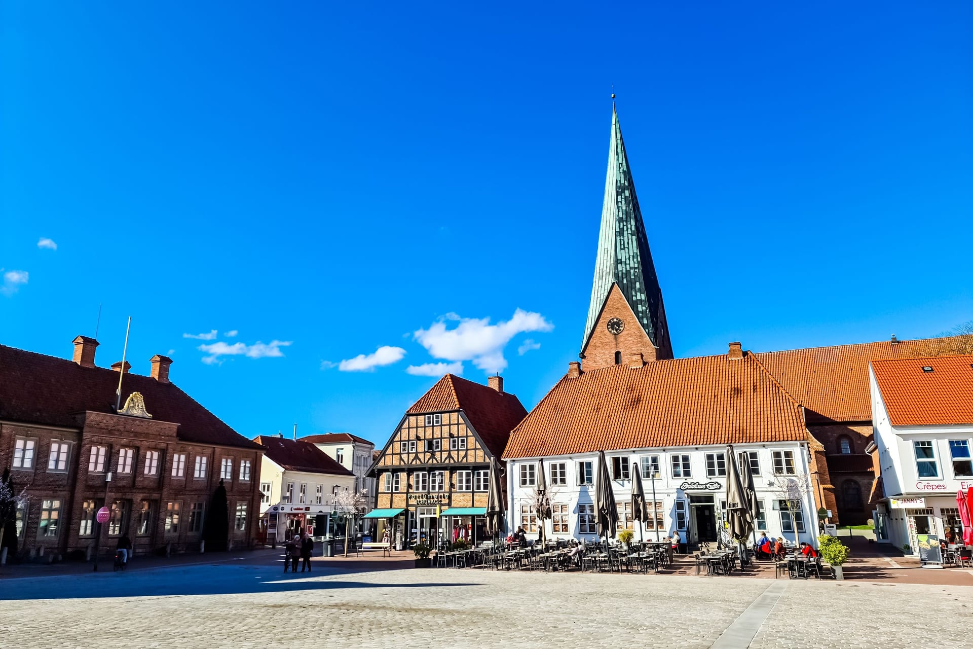 Eutin, Gernany - 05 April 2023: On the market square in Eutin in northern Germany in fine weather.