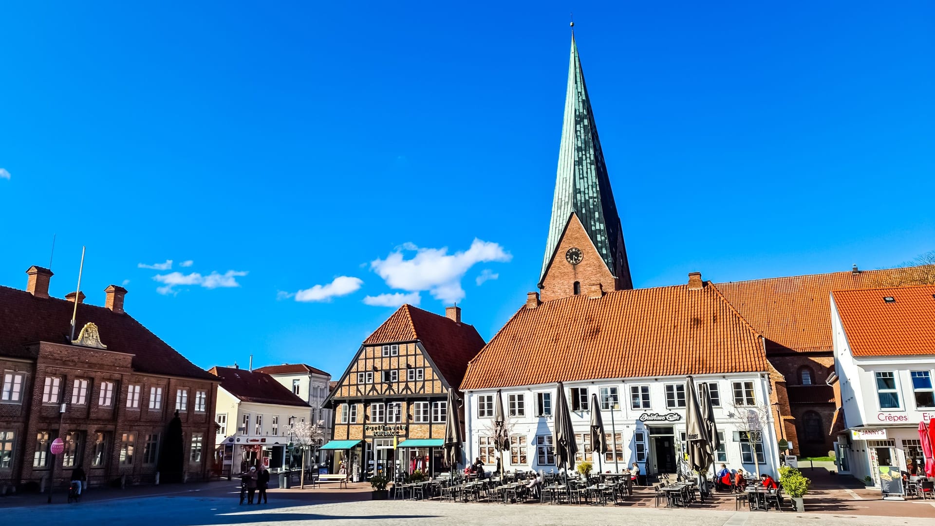 Eutin, Gernany - 05 April 2023: On the market square in Eutin in northern Germany in fine weather.