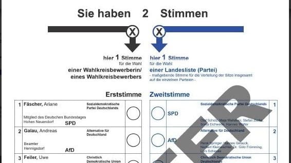 Ein Musterstimmzettel für Wahl zum Deutschen Bundestag am 23. Februar 2025 i Wahlkreis 58 Oberhavel - Havelland II