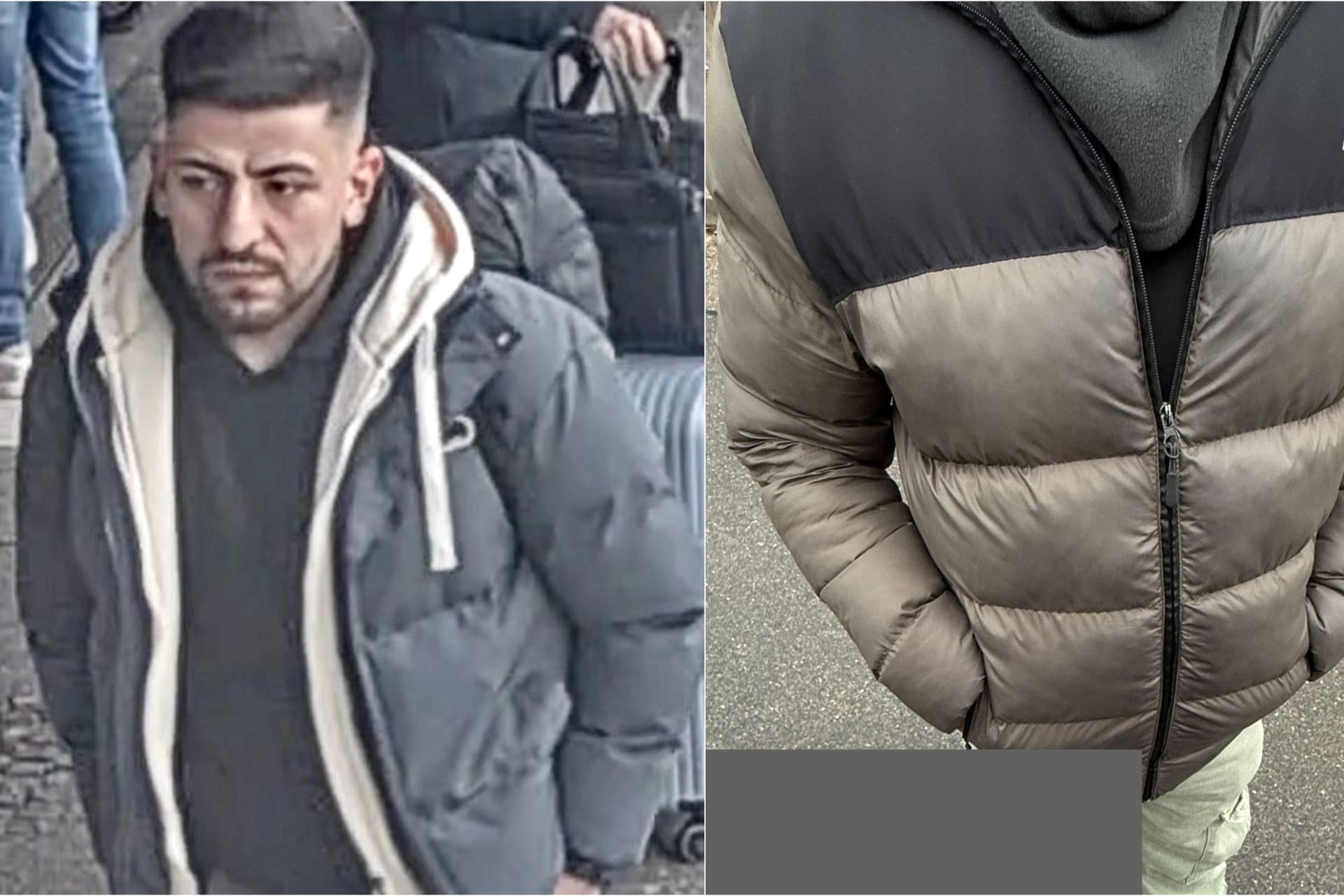 Nach diesem Mann sucht die Polizei: Rechts ist das Outfit zu sehen, das der Verdächtige namens Davut Elitas während der Tat getragen haben soll.