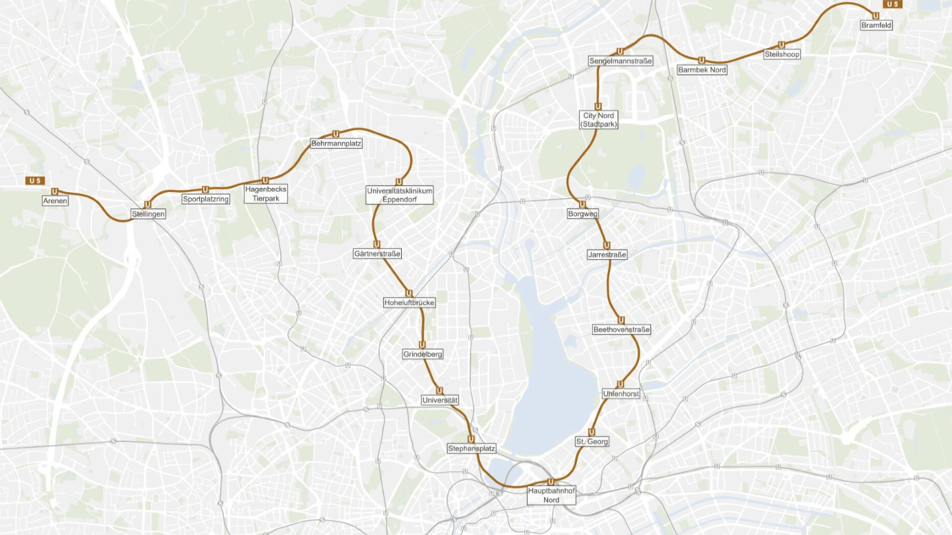 Der Verlauf der geplanten Linie U5 durch das Hamburger Stadtgebiet