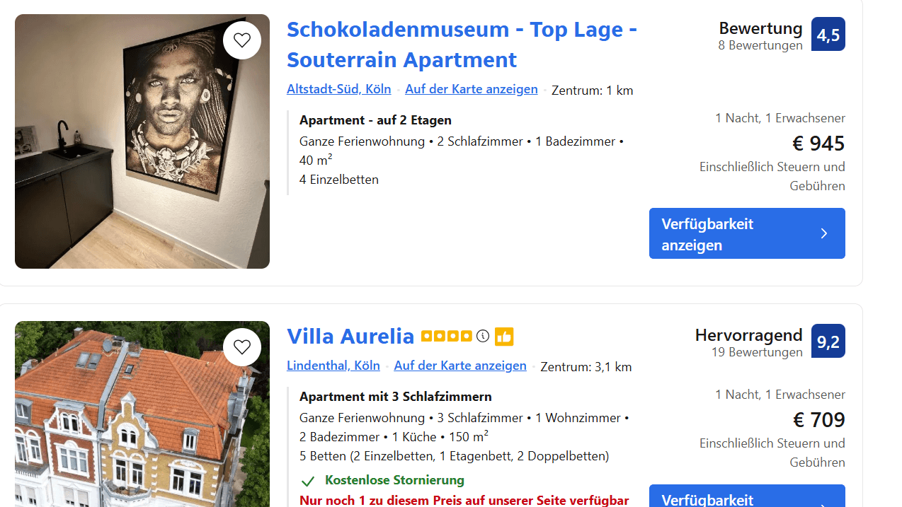 Hotelpreise am Rosenmontag. Preise bis zu 945 Euro.