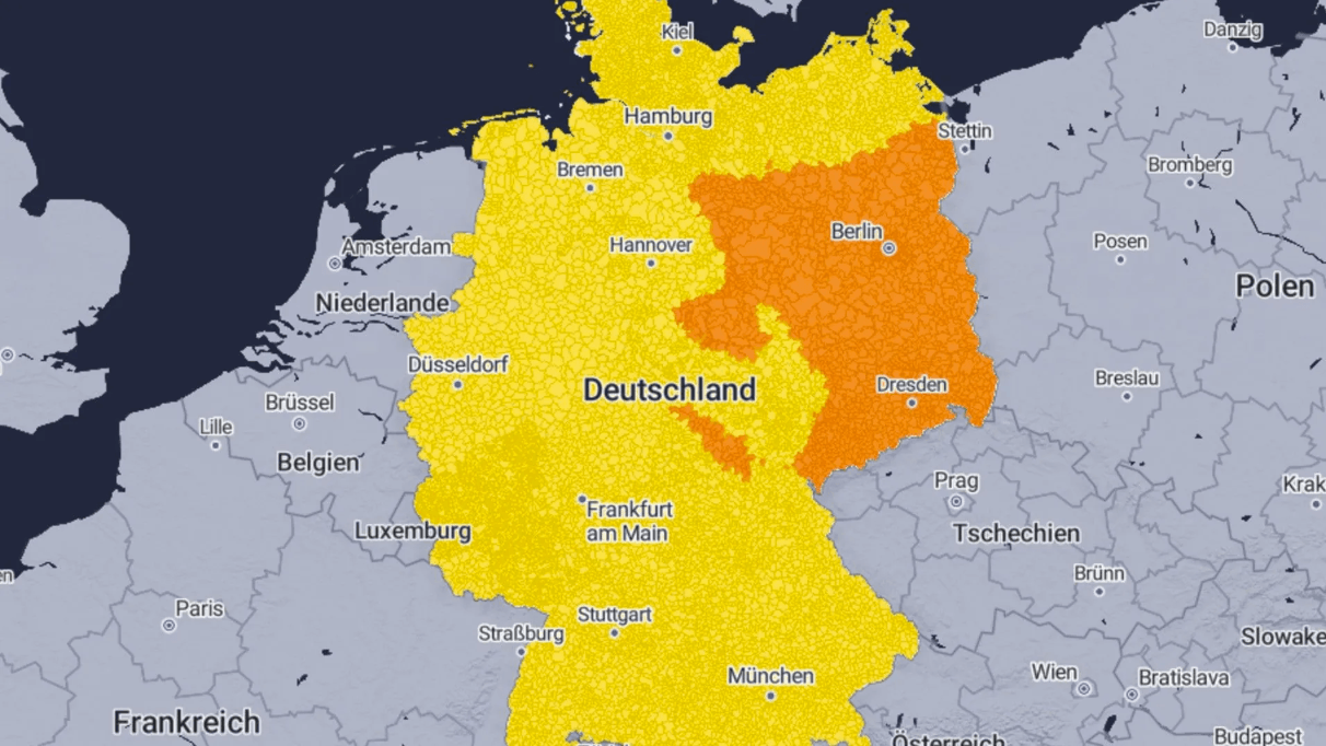 Aktuelle Warnkarte: In ganz Deutschland ist es frostig (Warnstufe 1 von 4), im Osten wird sogar vor strengem Frost gewarnt (Warnstufe 2).