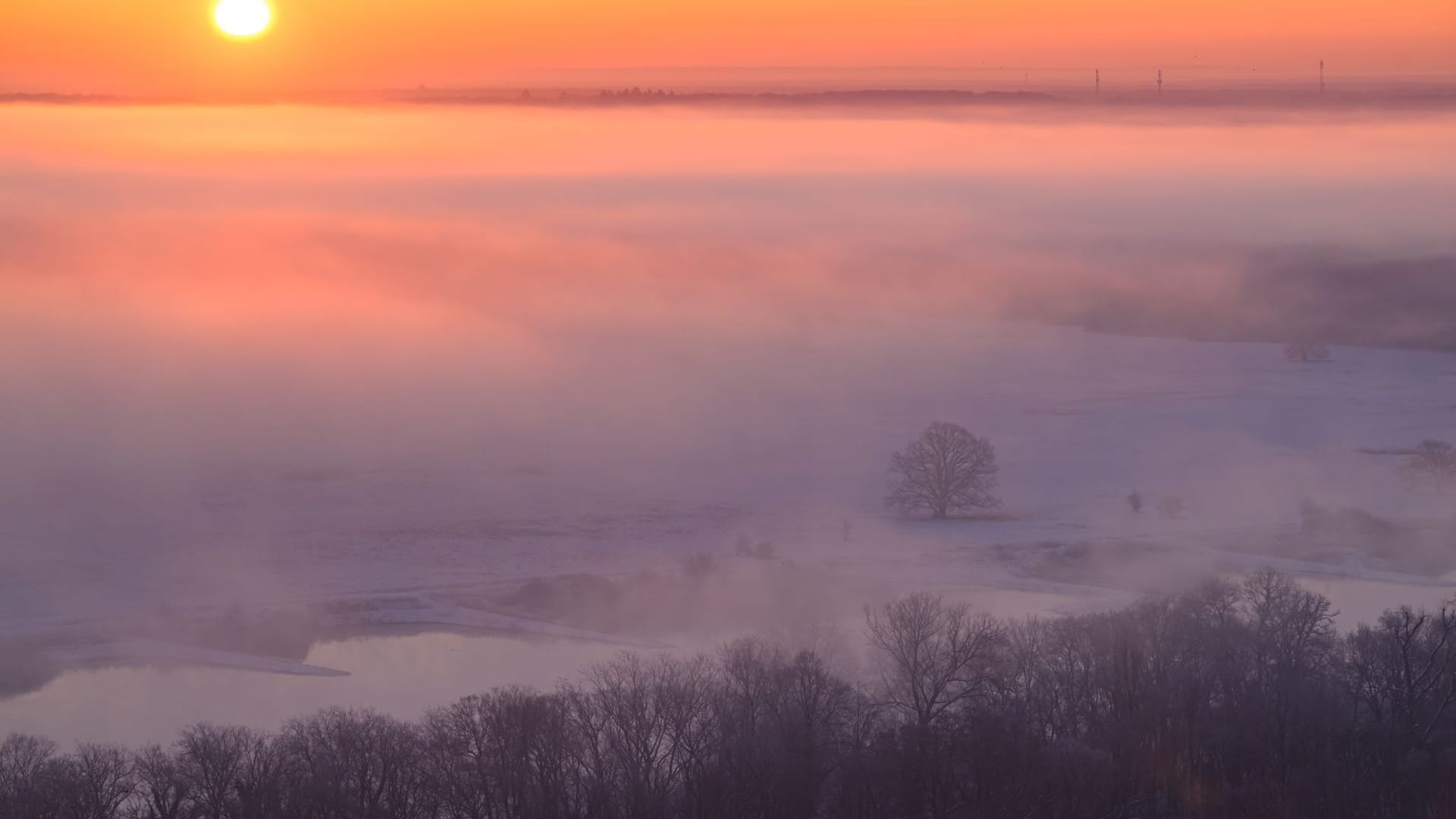 Farbenprächtiger Sonnenaufgang am deutsch-polnischen Grenzfluss Oder. An diesem Morgen zeigte das Thermometer im Osten von Brandenburg bis zu minus 15 Grad Celsius an.