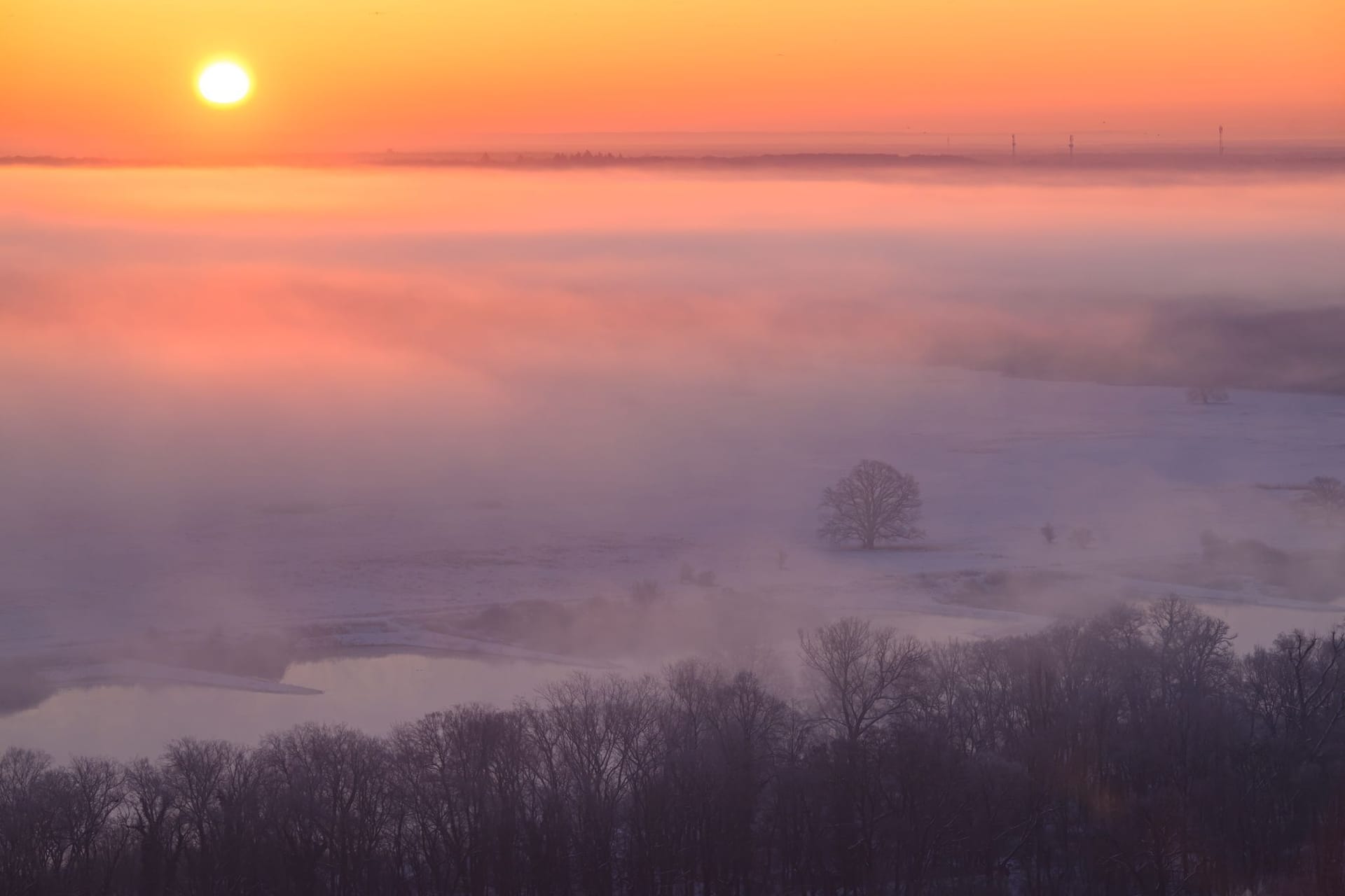 Farbenprächtiger Sonnenaufgang am deutsch-polnischen Grenzfluss Oder. An diesem Morgen zeigte das Thermometer im Osten von Brandenburg bis zu minus 15 Grad Celsius an.