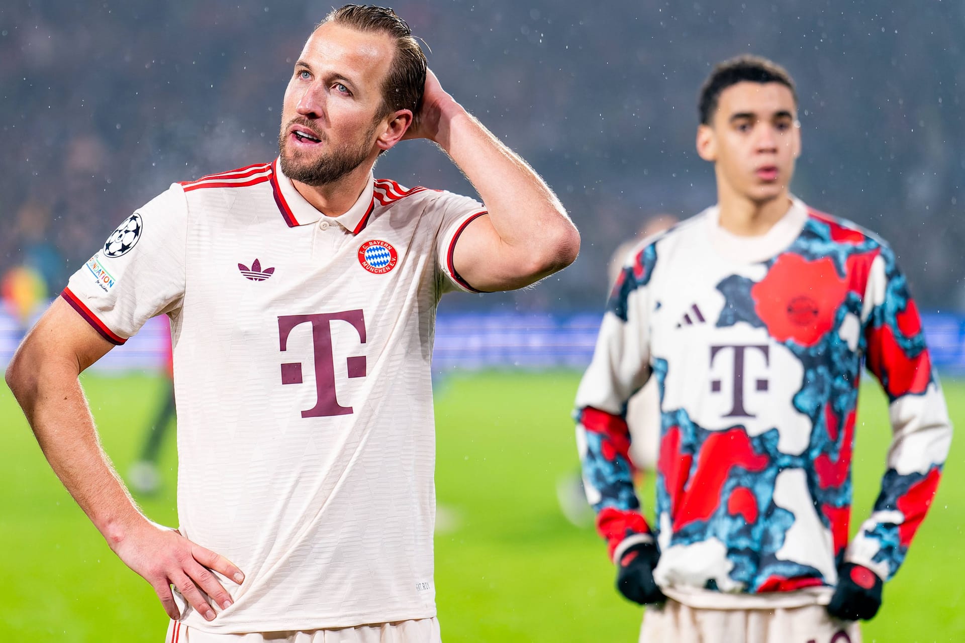 Harry Kane (l.) und Jamal Musiala: Das Bayern-Duo trifft im Achtelfinale auf Bayer Leverkusen.