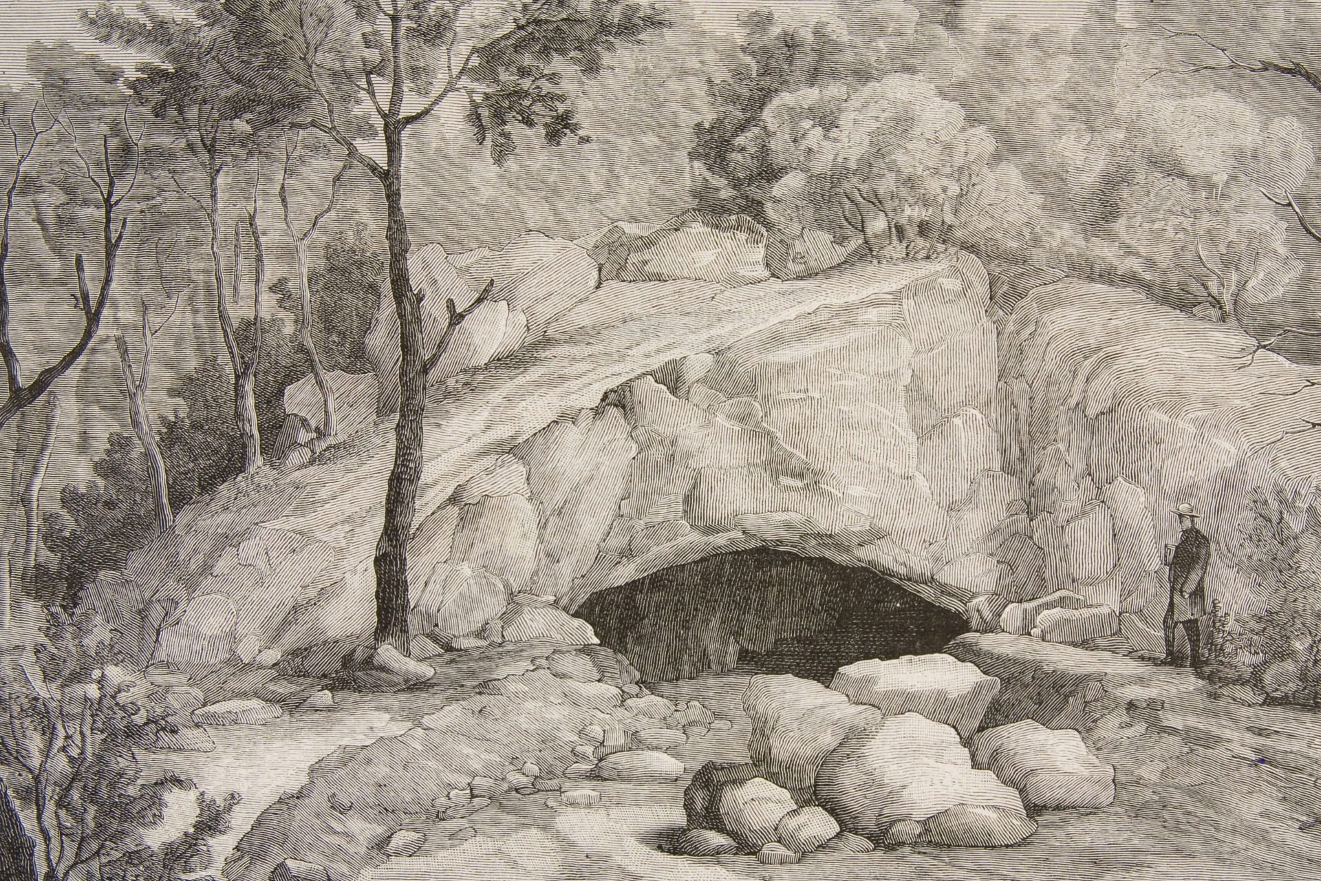 Der Eingang zur Maszycka-Höhle in einer zeitgenössischen Darstellung: Erste Ausgrabungen wurden hier 1883/84 durchgeführt.