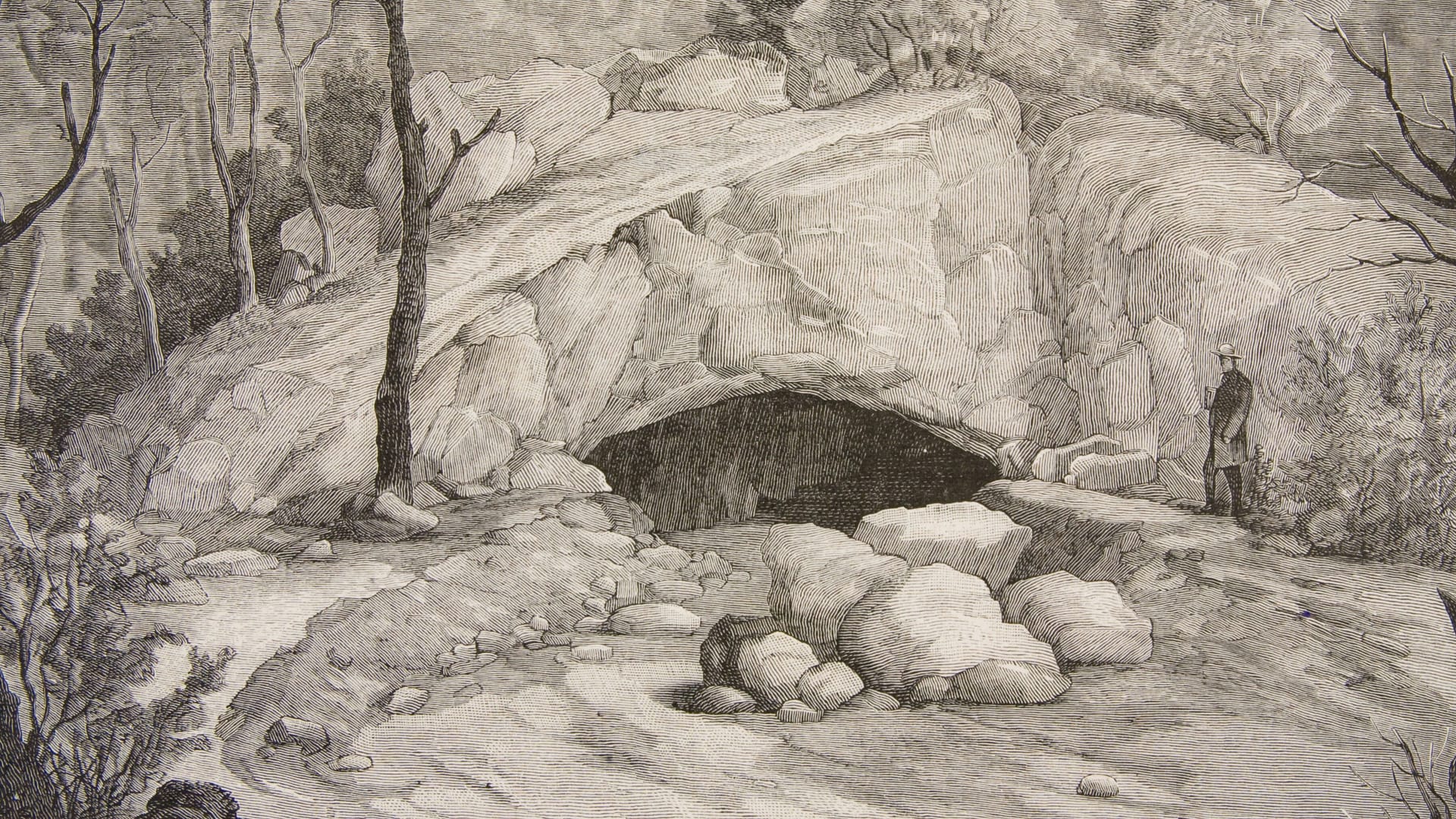 Der Eingang zur Maszycka-Höhle in einer zeitgenössischen Darstellung: Erste Ausgrabungen wurden hier 1883/84 durchgeführt.