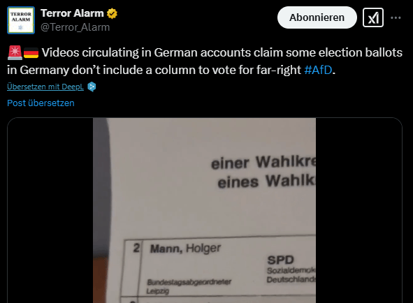 Aufregung über gefälschte Videos: Vor allem internationale Accounts verbreiteten die Videos mit der Lüge, es handele sich um echte Wahlzettel, auf denen die AfD fehle.