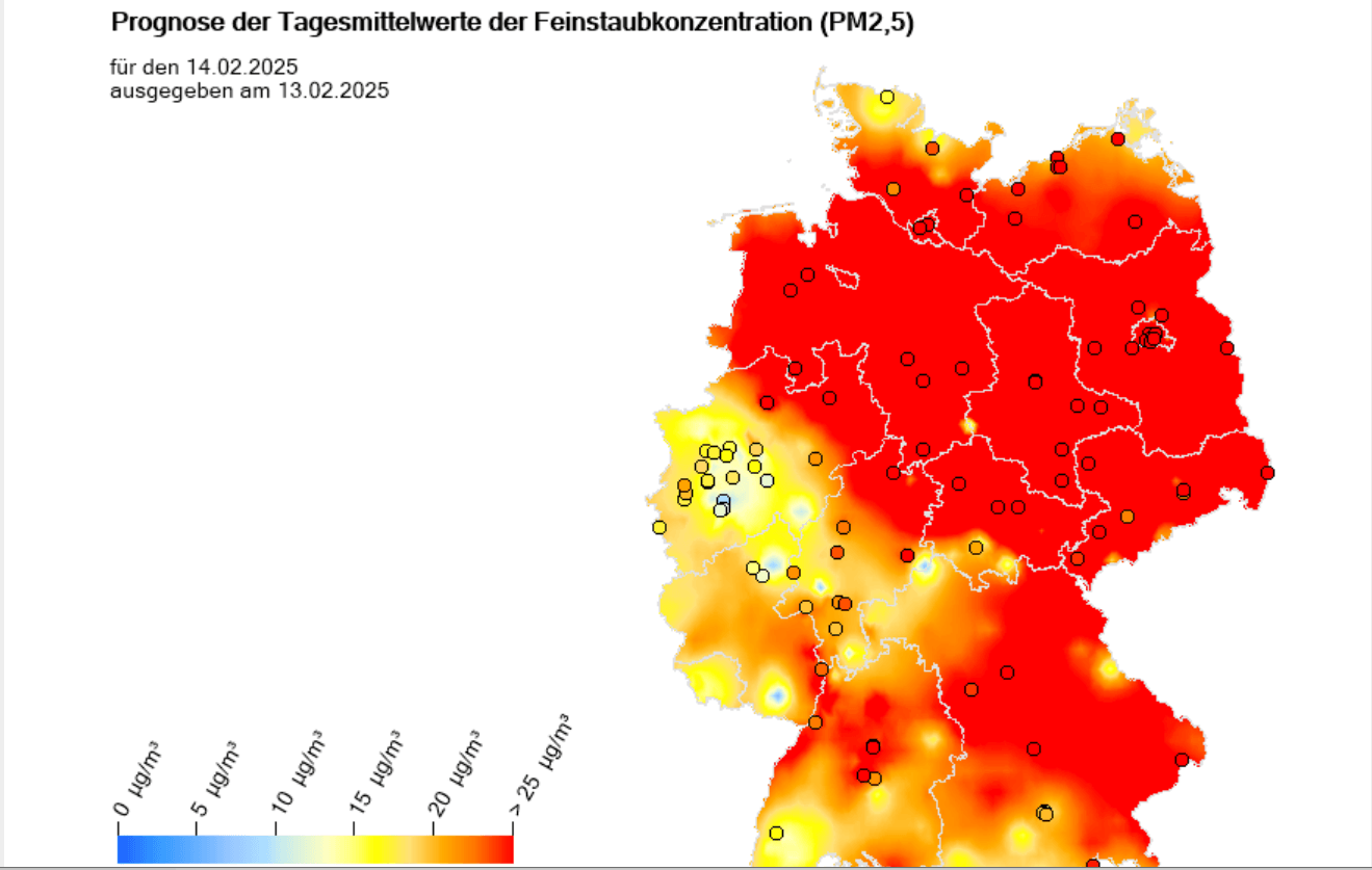 Die Prognose des Umweltbundesamts für die PM2,5-Feinstaubwerte für den 14. Februar