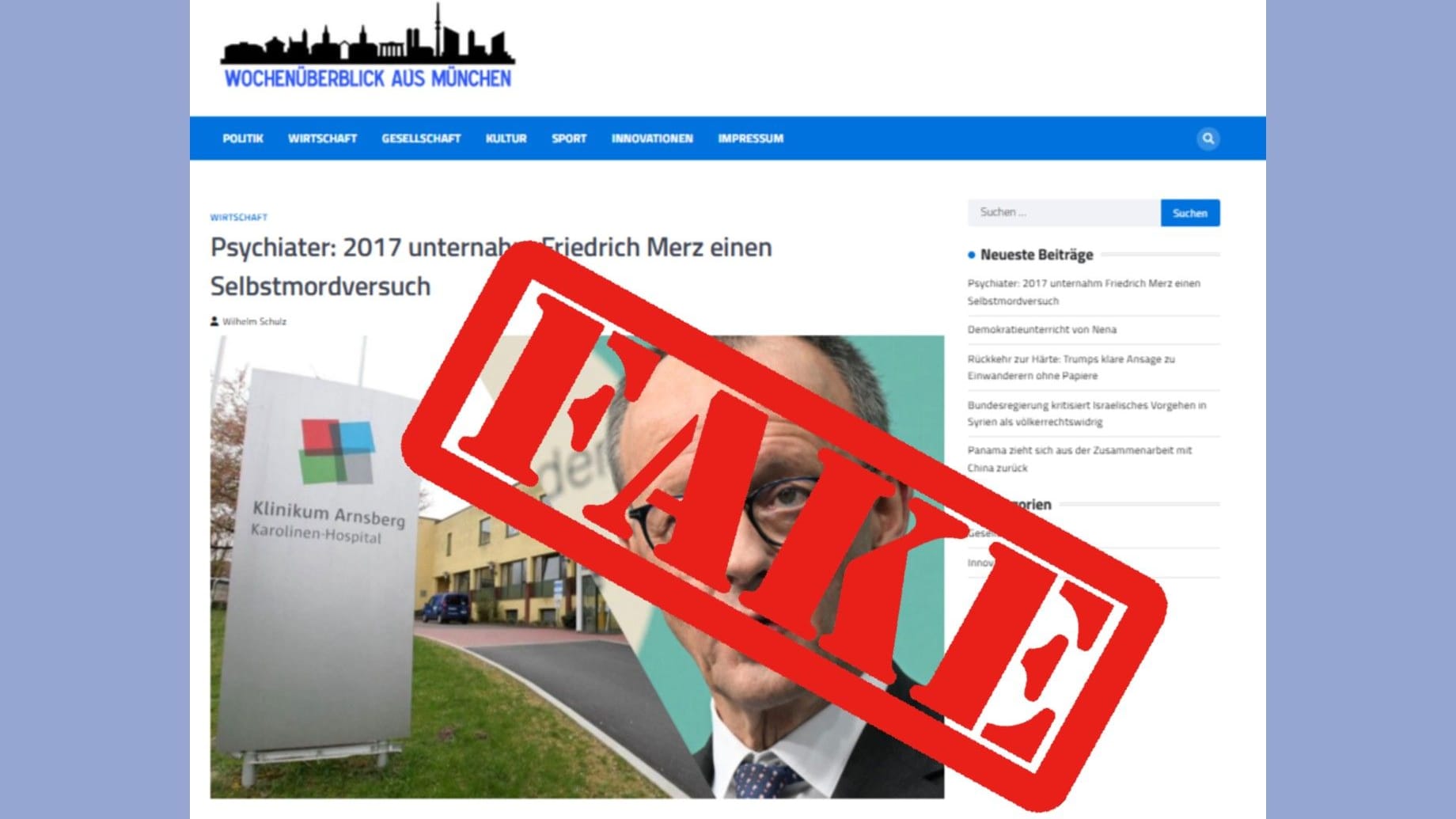 Kranke Erfindung: Im Artikel einer eigens registrierten "Nachrichtenseite" mit einem Video eines angeblichen Psychiaters wurden Friedrich Merz schwere psychische Probleme nachgesagt.