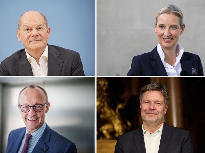 Quadrell bei RTL: Bundeskanzler Olaf Scholz, Alice Weidel von der AfD, Oppositionsführer Friedrich Merz und Grünen-Chef Robert Habeck.