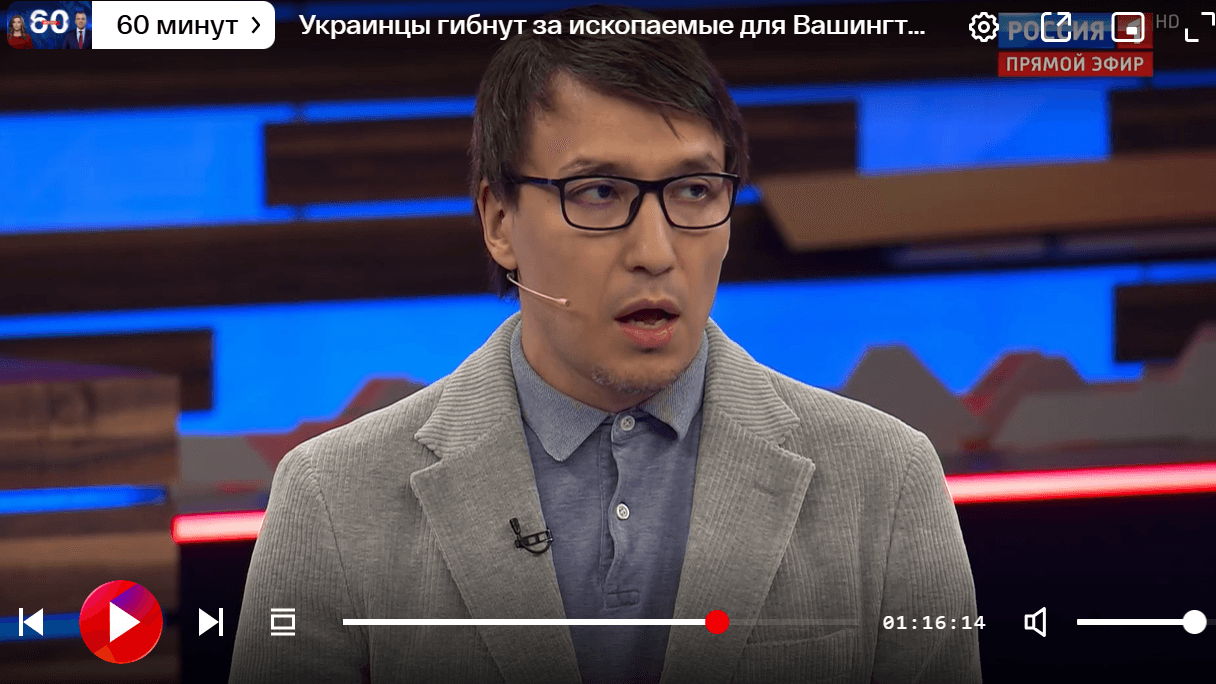 Skandal im russischen Staats-TV: Dmitri Absalow ist Dauergast der Propaganda-Show "60 Minuten". Nun hat er sich aber verplappert und widerspricht sogar Kreml-Sprecher Dmitri Peskow.