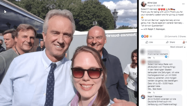 Hinter der Bühne: Nach dem Auftritt fand Kennedy Zeit für ein Selfie mit Alina Lipp, wichtige Akteurin russischer Propaganda. Hinter Lipp steht der selbsternannte "deutsche Exil-Kanzler" und Ex-Mann von Sahra Wagenknecht, Ralph T. Niemeyer, links am Rand Ex-Fußballstar Thomas Berthold