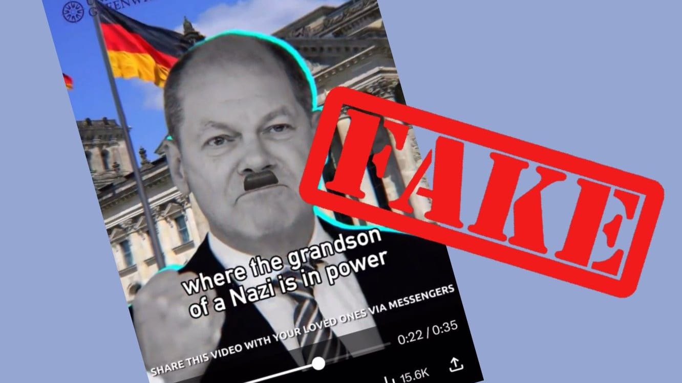 Vielfach-Fake: Ein angebliches Video der University of Greenwich hetzt über Olaf Scholz und greift eine alte russische Erfindung auf, Scholz Großvater sei hochrangiger Nazi gewesen.