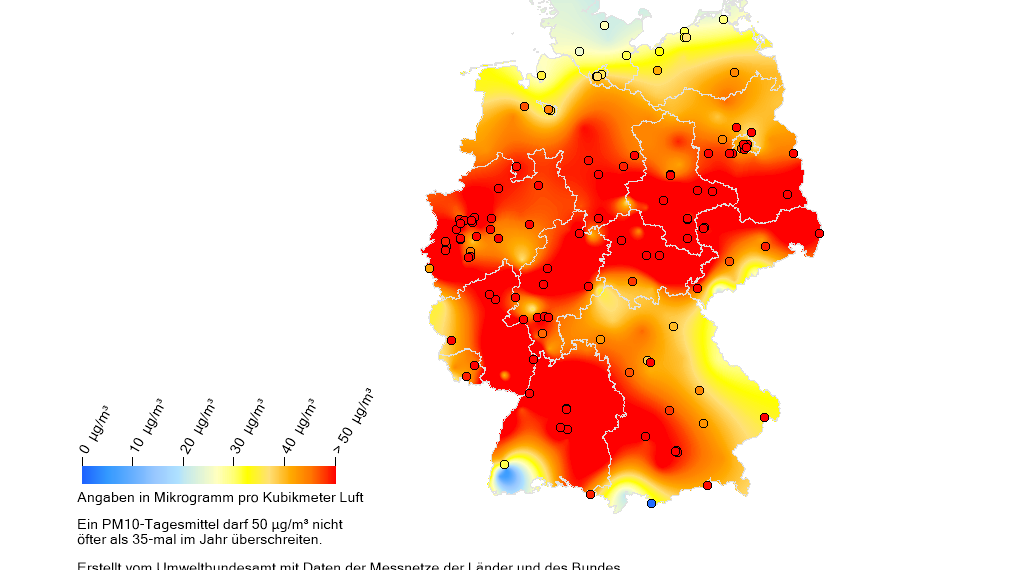 Karte der Feinstaubbelastung in Deutschland. In weiten Teilen des Bundesgebiets wird eine hohe Feinstaubkonzentration verzeichnet.