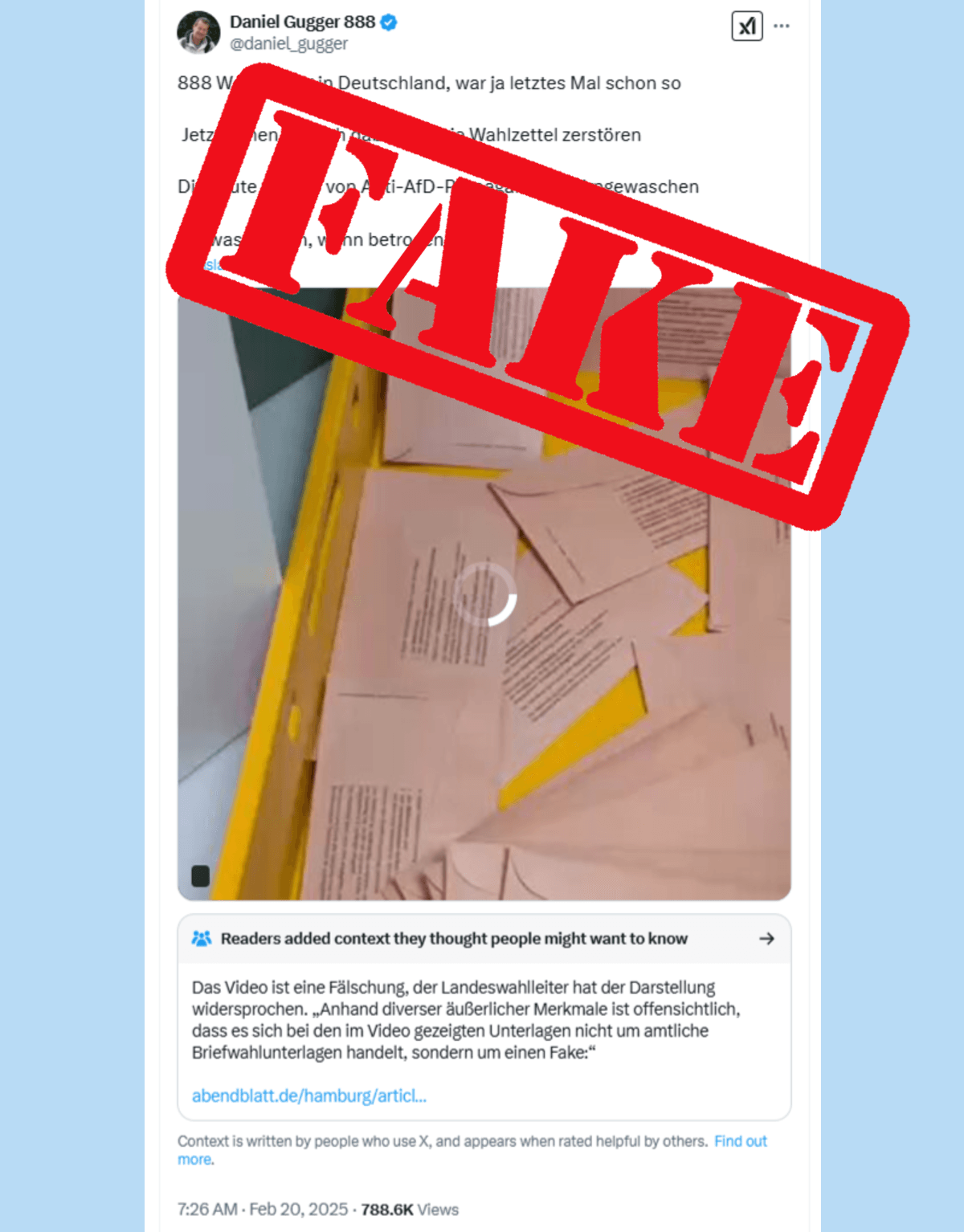 Hunderttausendfach abgerufen: Ein Video mit der Lüge, dass eine Person vermeintlich missliebige Wahlbriefe schreddert. Die Unterlagen sind Fälschungen,
