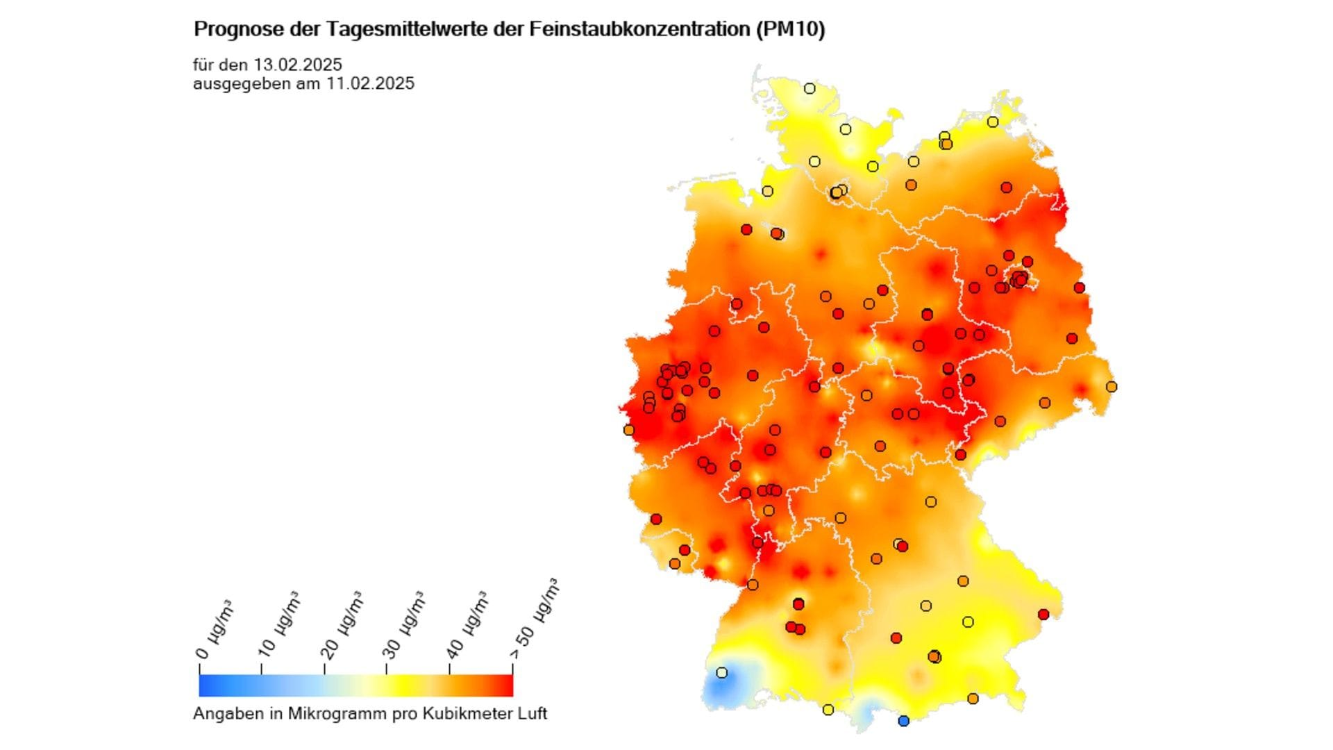 Feinstaubbelastung in Deutschland: Die Karte zeigt die am Donnerstag erwartete Belastung an.