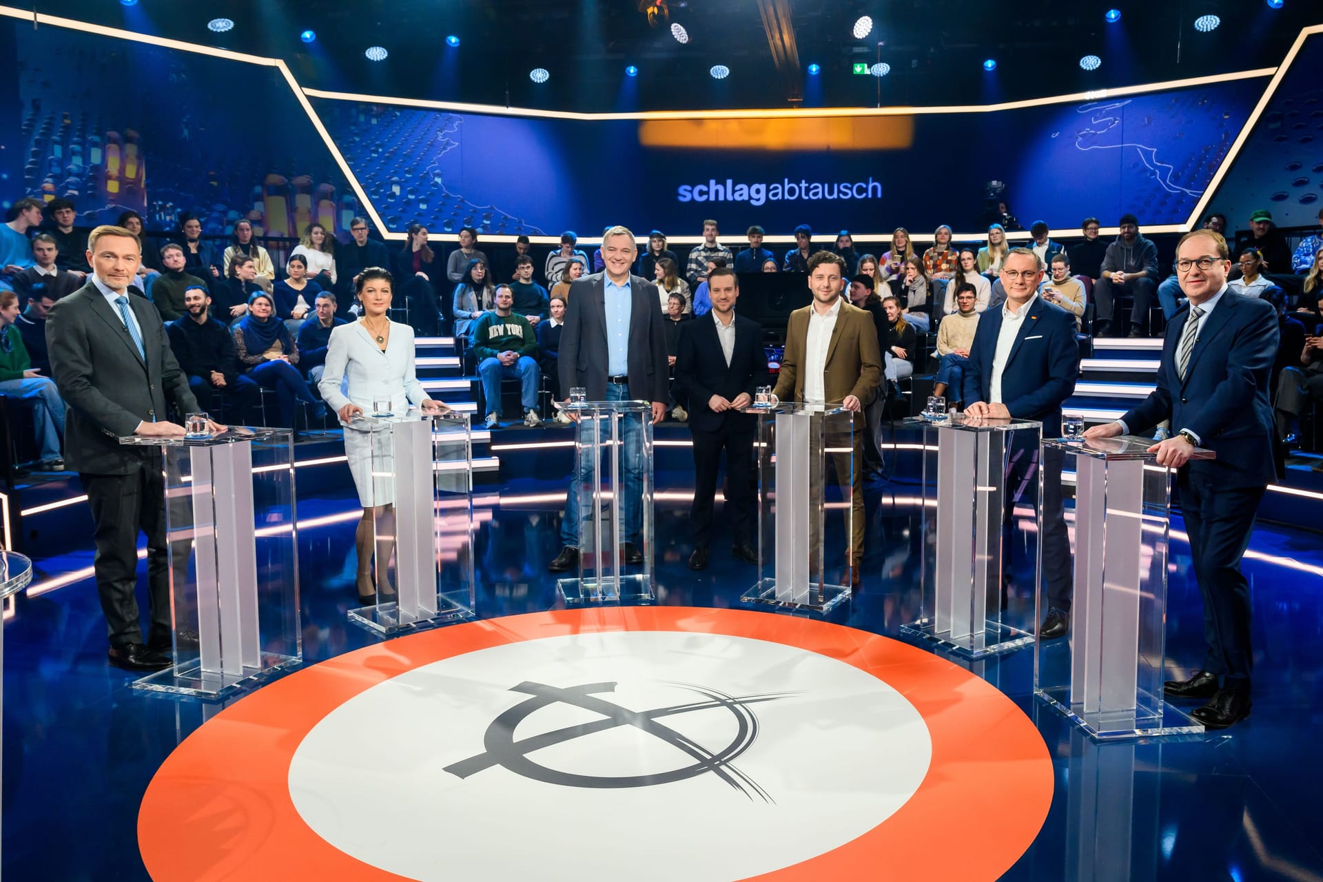 "Schlagabtausch" vom 6. Februar 2025: Christian Lindner, Sahra Wagenknecht, Jan Van Aken, Andreas Wunn, Felix Banaszak, Tino Chrupalla, Alexander Dobrindt