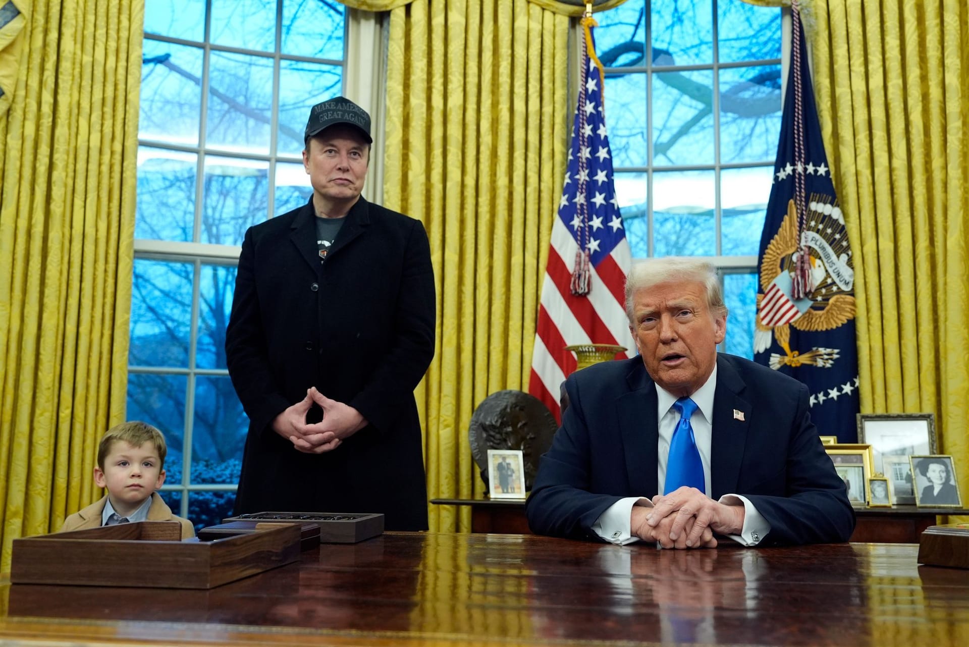 X Æ A-Xii Musk, Elon Musk, Donald Trump (r): Die drei traten im Weißen Haus auf.