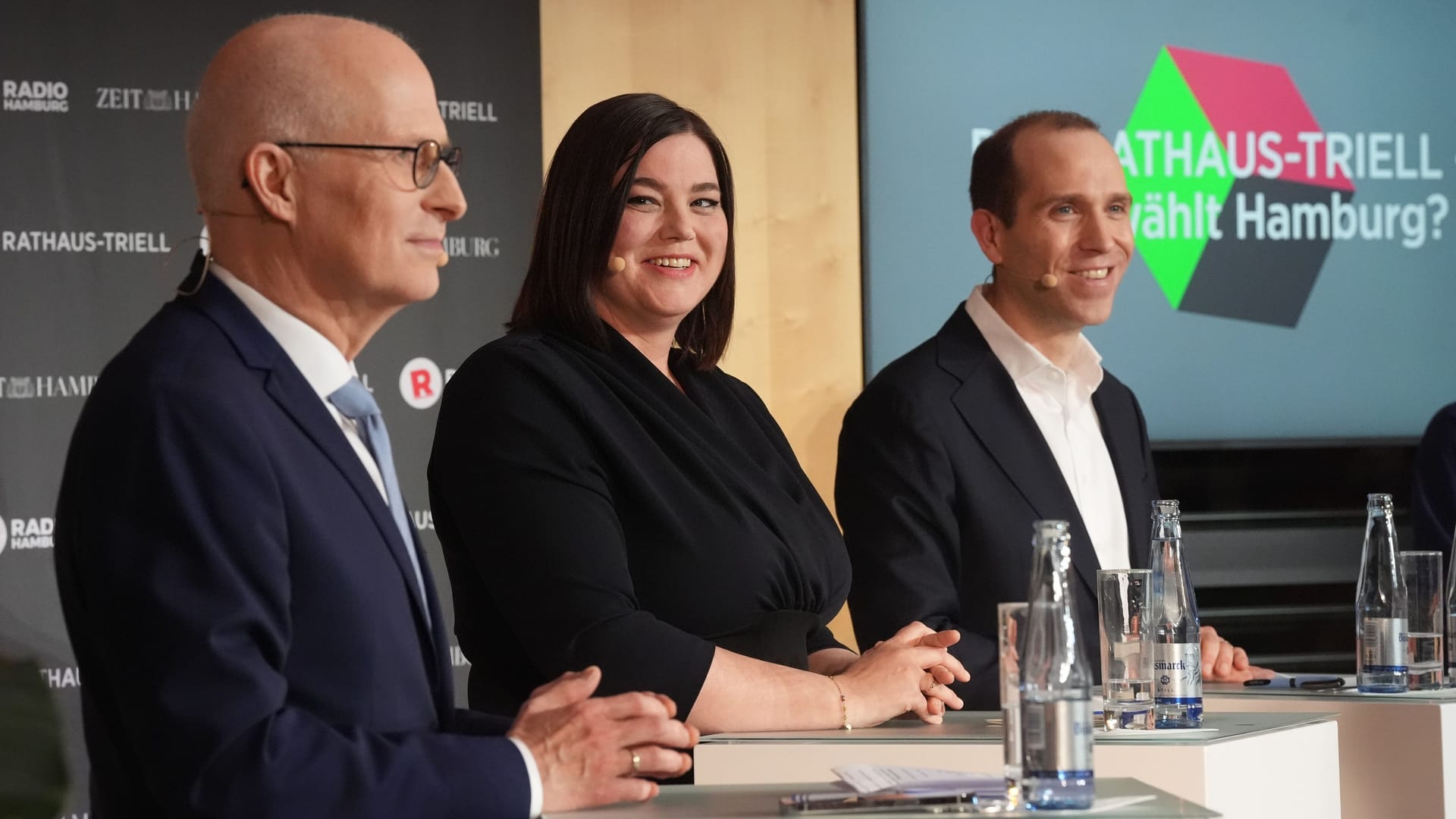 Lieferten sich ein Triell zur Bürgerschaftswahl: Peter Tschentscher (v. l. n. r., SPD), Katharina Fegebank (Die Grünen) und Dennis Thering (CDU).