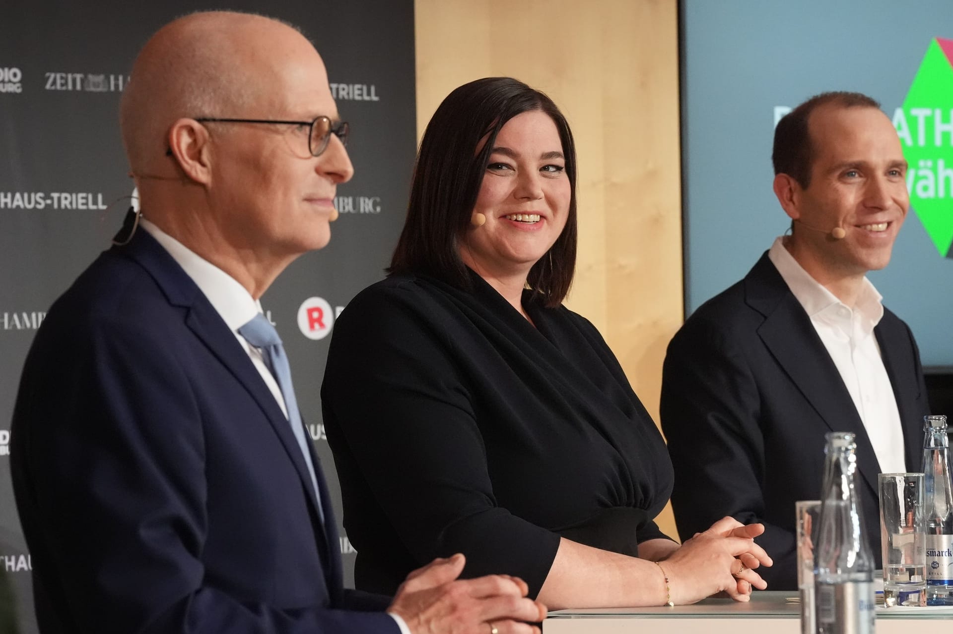 Lieferten sich ein Triell zur Bürgerschaftswahl: Peter Tschentscher (v. l. n. r., SPD), Katharina Fegebank (Die Grünen) und Dennis Thering (CDU).