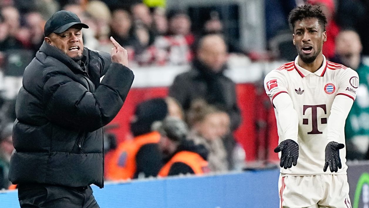 Vincent Kompany (l.) und Kingsley Coman: Sie waren mit dem FC Bayern beim Topspiel in Leverkusen klar unterlegen.