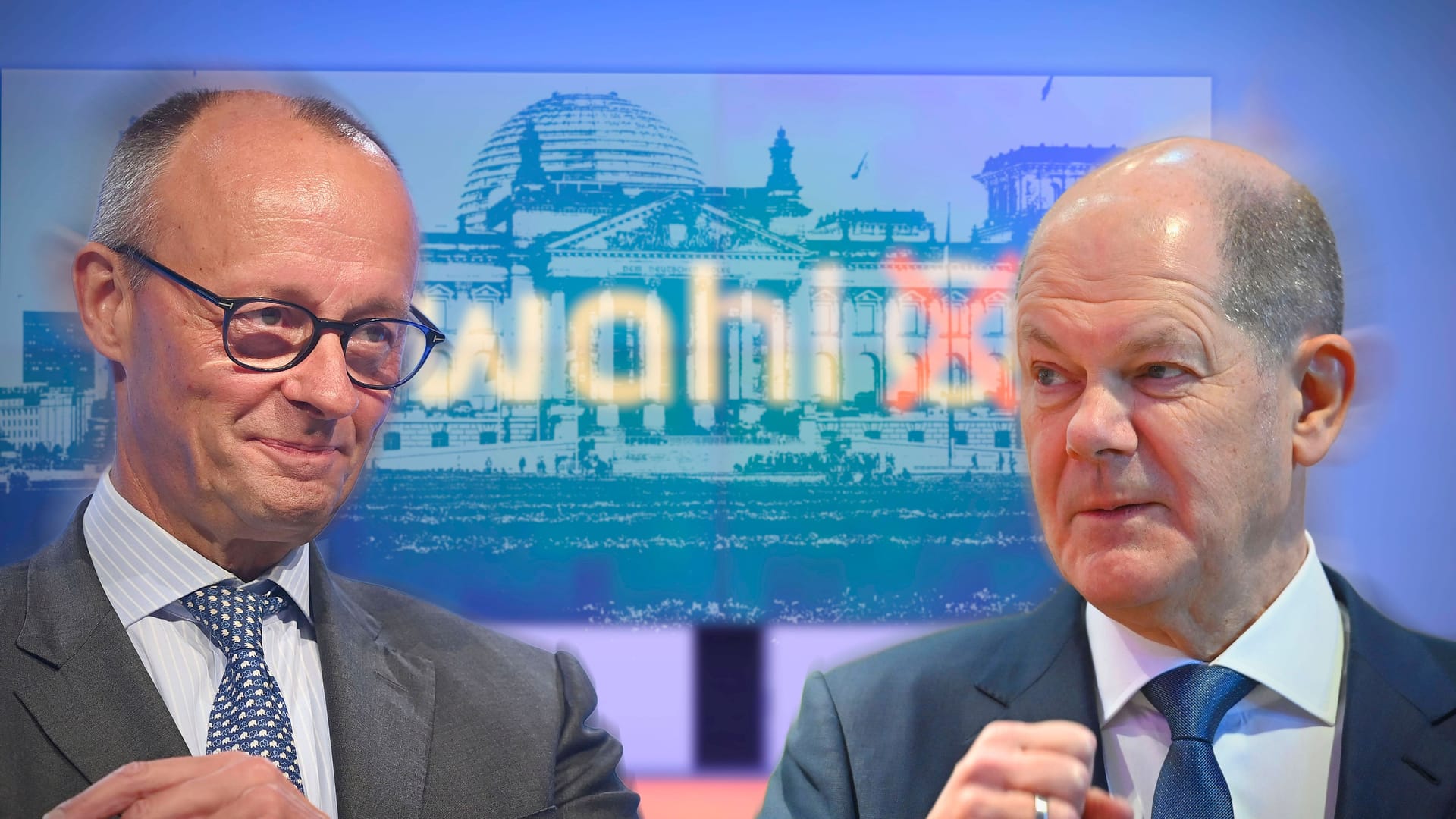 Olaf Scholz und Friedrich Merz (Fotomontage): Die beiden dürfen nur einen Stift und einen Block zum Duell mitnehmen.