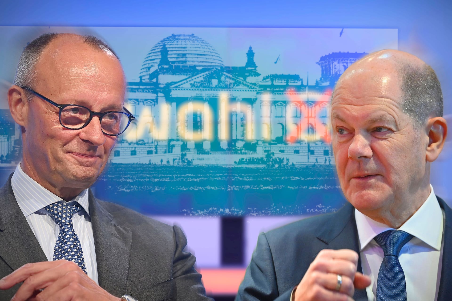 Olaf Scholz und Friedrich Merz (Fotomontage): Die beiden dürfen nur einen Stift und einen Block zum Duell mitnehmen.