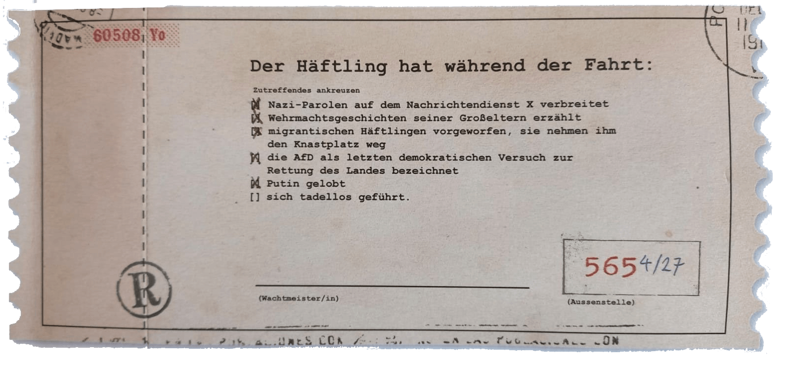 Amkreuzliste: Verfehlungen des "Häftlings während der Fahrt".