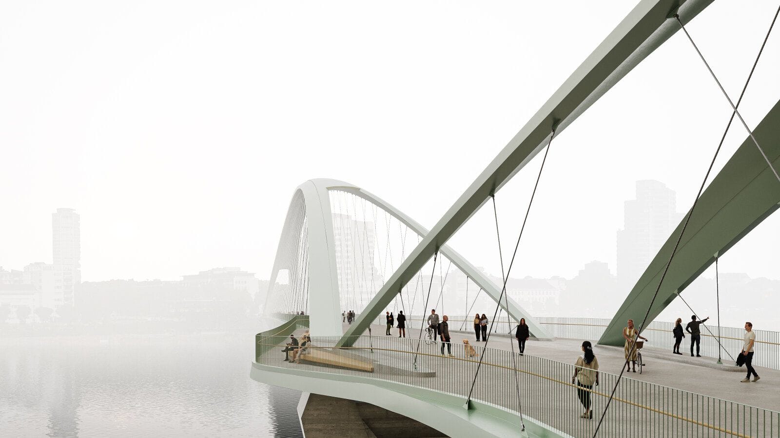 Die Visualisierung zeigt die geplante Rheinbrücke von der Bastei bis in den Rheinpark in Köln.