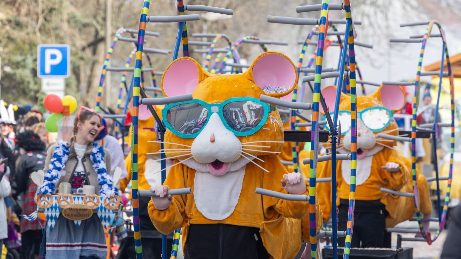 Beim Faschingsumzug in Radeburg gehen Teilnehmer verkleidet als Hamster im Hamsterrad mit.